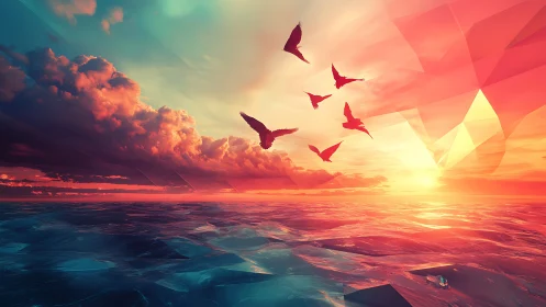 Fractal sunset seascape with silhouetted birds and prismatic sky gradients