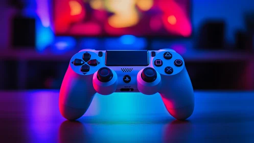 Gaming controller glows under neon lights in immersive room