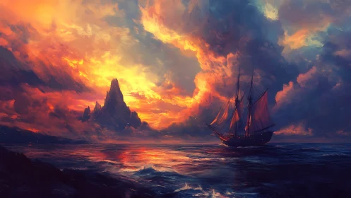 Fiery seascape with tall ship against towering volcanic island.