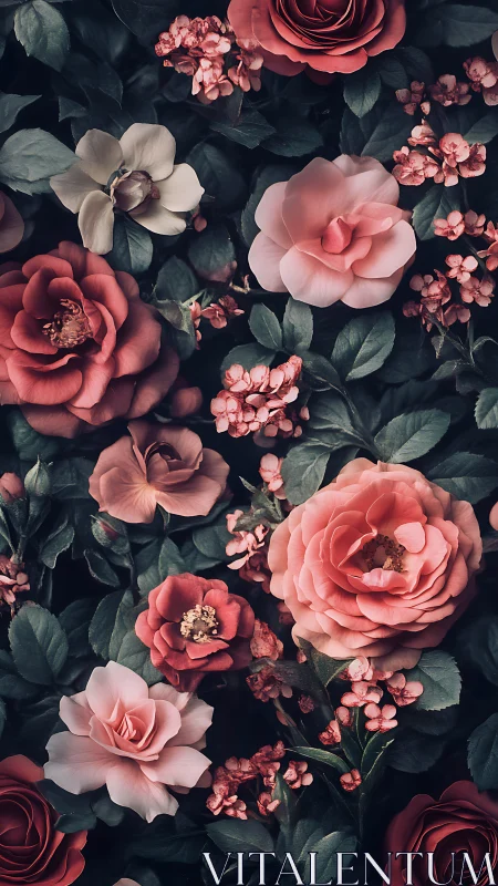 Layered roses and small cluster flowers arranged densely on dark foliage background
