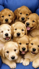Golden retriever litter portrait on blue cushion, tight crop