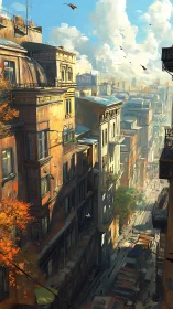 Sunlit autumn city street glows gently between tall homes