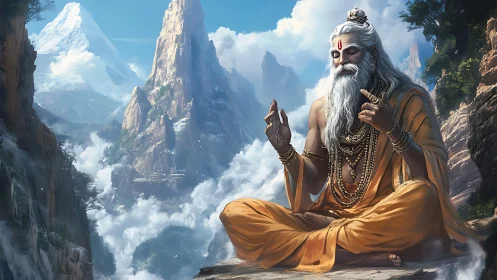 Mountain yogi in orange robes meditates amid layered Himalayan peaks