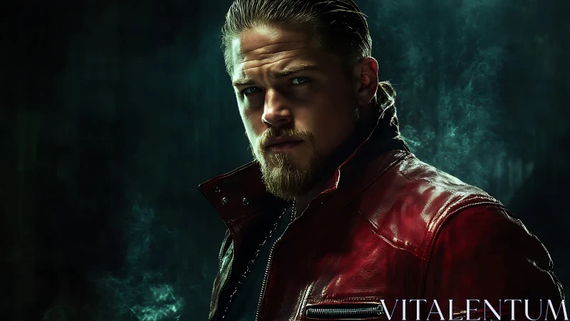 Moody portrait man in red leather jacket, smoky drama.
