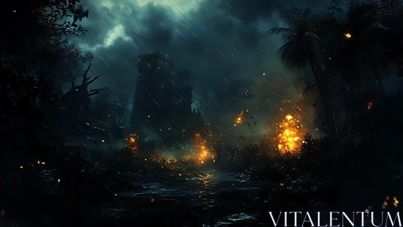 Tropical Landscape with Storm, Fire, and Ruined Structure.