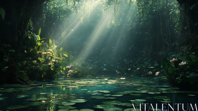 Sunlit lily pond shimmers within a tranquil jungle sanctuary