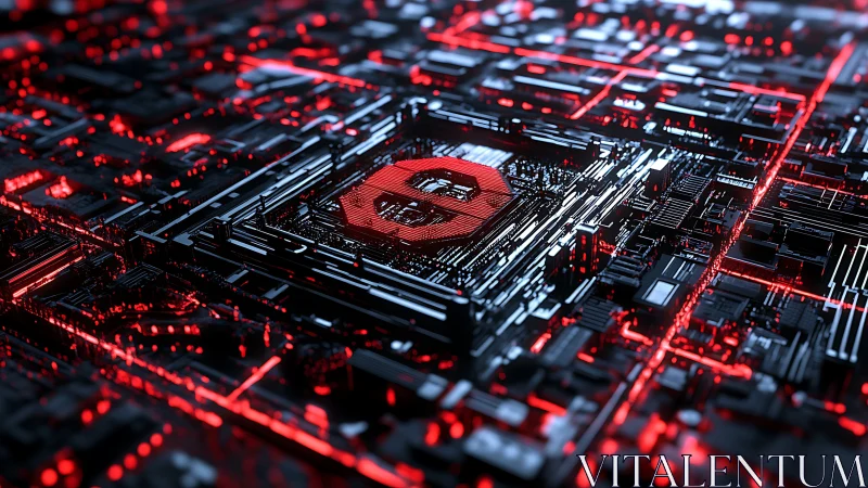 Cyber core glows within dense red-black circuit city.