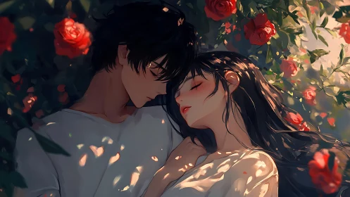 Lovers resting in rose garden under warm dappled light.