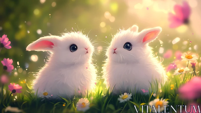 Two white bunnies in soft light among spring flowers.