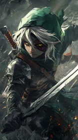 Hooded elven rogue lunges forward with weathered steel blade drawn