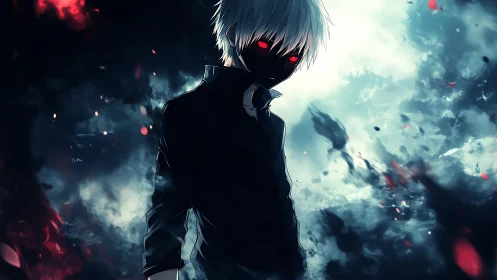 Pale haired anime figure with red eyes in smoky backlit storm