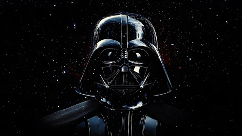 Black sci‑fi helmeted figure centered against starfield.