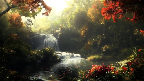 Autumn forest waterfall over tranquil reflective pool at dawn.