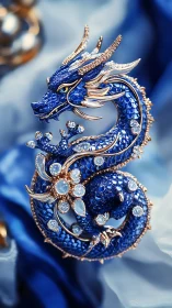Blue jeweled dragon pendant with gold and diamond detailing.