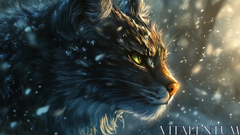 Winter-lit wild cat gazing softly through drifting snowflakes.