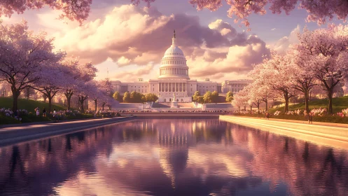 Blossomed Capitol dreaming in pastel reflections at dusk.