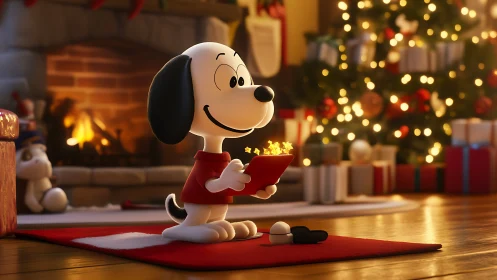 Cozy cartoon dog reading tablet by glowing Christmas tree.