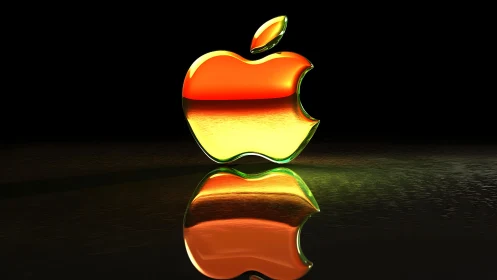 Glossy 3D Apple Logo with Orange and Yellow Reflection Effect.