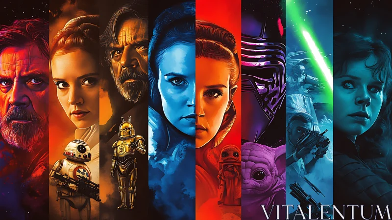 Vertically segmented sci‑fi portraits use high‑contrast bicolor lighting