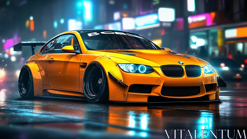 Widebody BMW coupe on wet neon city street, cinematic night