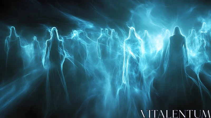 Ethereal blue spirit figures drift through luminous void