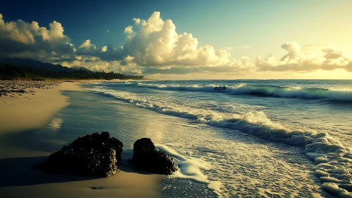 Coastal shoreline with waves, rocks, clouds and low sunlight.