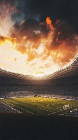 Sunset sky blazes above a packed modern football stadium.