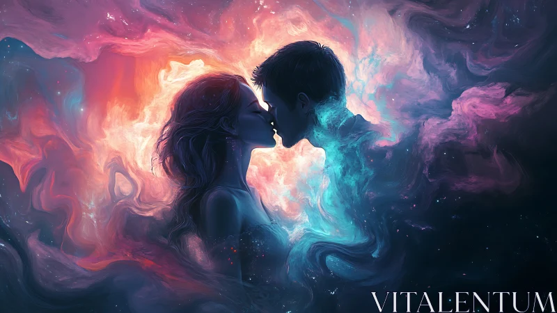 Two souls entwine within luminous cosmic nebulae