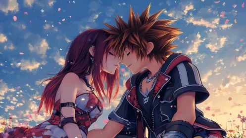 Romantic sunset anime couple with cherry blossom petals drifting