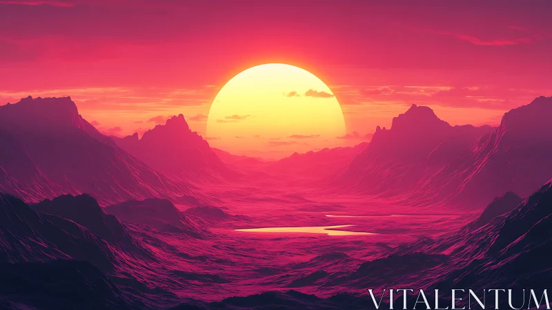 Neon alien sunset bathes crystalline valley in radiant light.