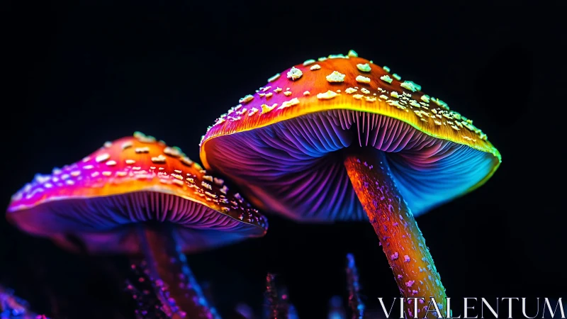 Luminous Rainbow Mushrooms Glowing In A Dreamy Night Forest.