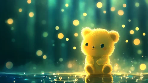 Glowing plush bear sits in dreamy teal and gold light