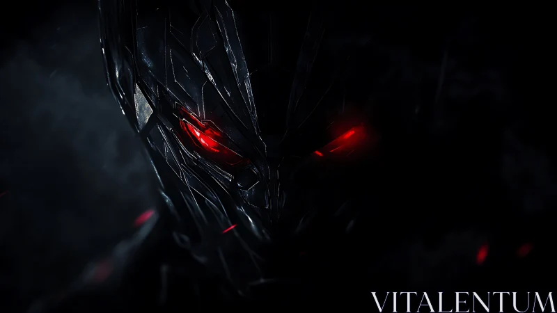 Midnight cyber sentinel with burning red machine eyes.