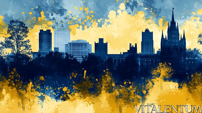 City skyline silhouette with abstract yellow and blue splashes.