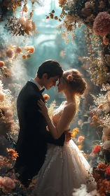 Tender bridal embrace in a luminous floral archway scene.