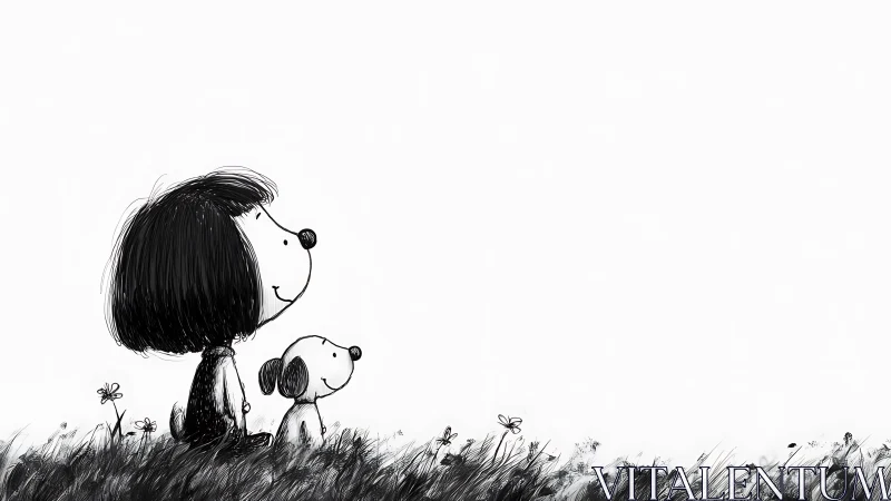 Child and Dog Looking Upward in Grass Field