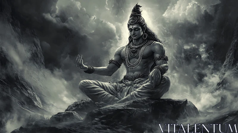 Majestic mountain yogi rests in deep, stormlit meditation