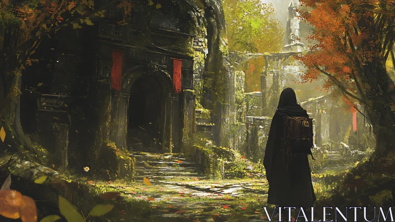 Hooded figure surveys moss-covered ruins in dense forest