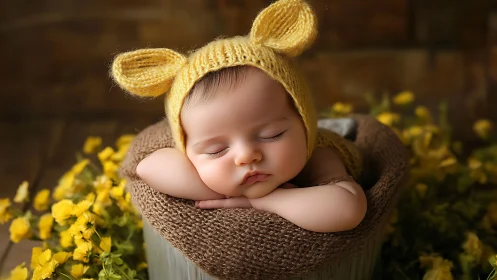 Peacefully Sleeping Newborn in Golden Bear Hood.