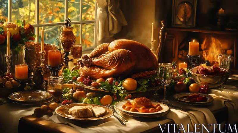 Golden holiday turkey surrounded by cozy candlelit feast.