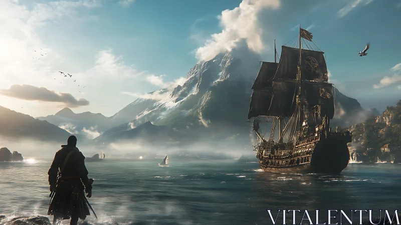 Lone corsair surveys misty bay beside black sailed galleon