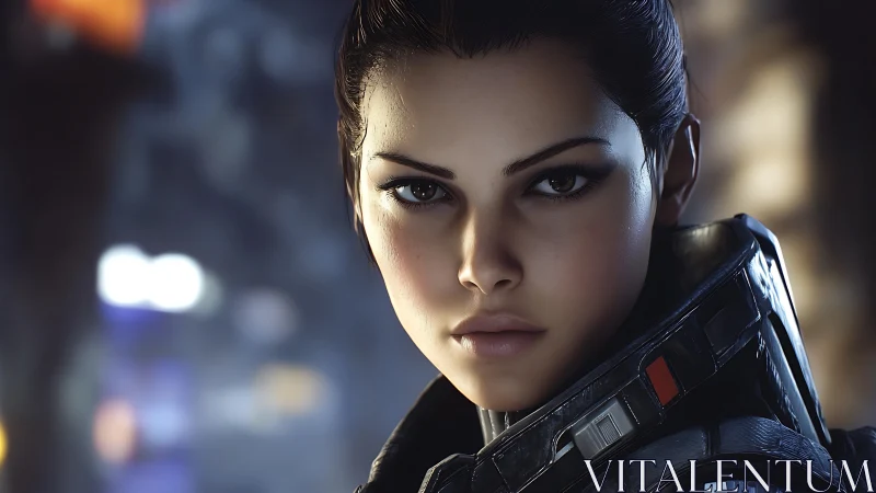 Female space soldier stares forward in detailed close-up