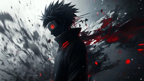 Brooding masked warrior wrapped in swirling red shadows.