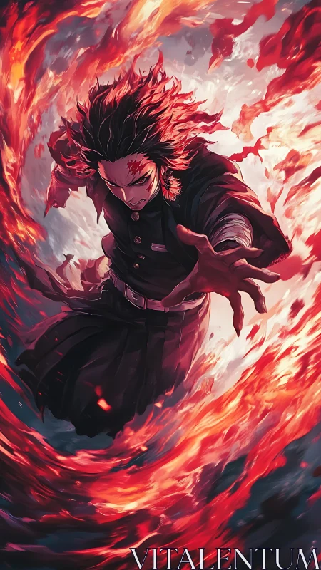 Anime warrior controlling swirling red flames in air.
