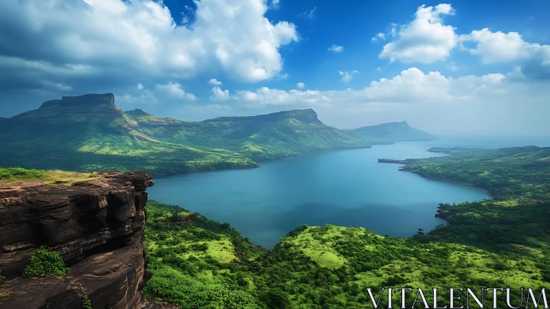 Sunlit cliffs watching over a serene emerald-blue lake.