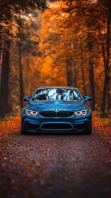 Blue performance coupe prowls through a tunnel of burning leaves