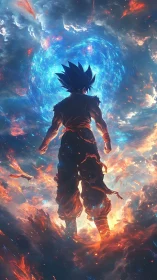 Silhouetted fighter stands before circular blue energy vortex