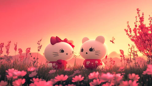 Adorable Kitty Companions in a Blooming Sunset Field.