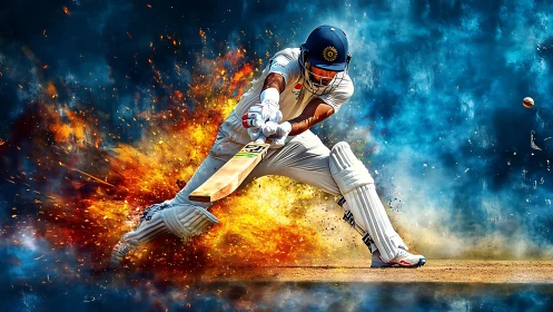 Dynamic cricket batsman in explosive digital painting composition.
