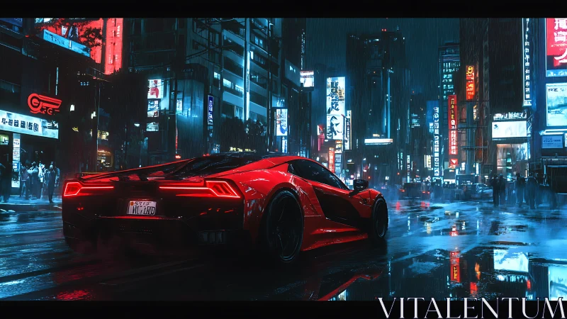 Red sports car on wet neon city street at night scene.